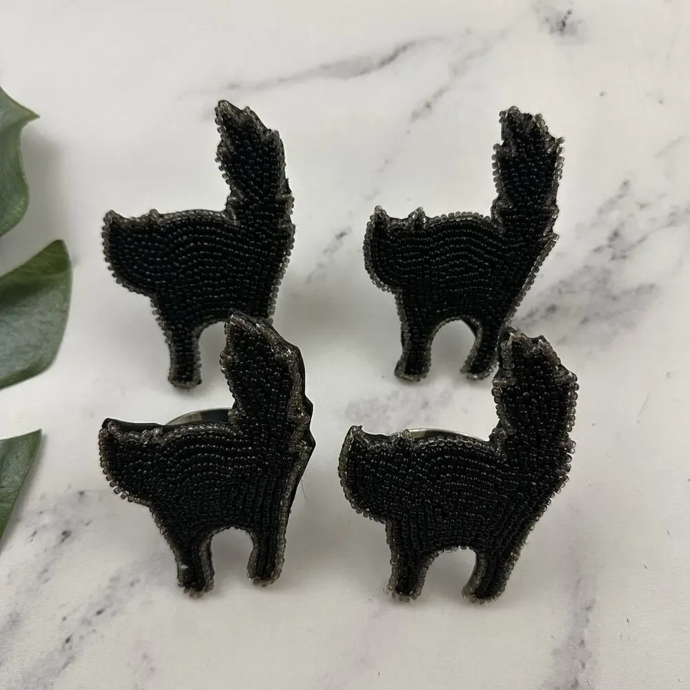 Pottery Barn Vintage Halloween Cat Napkin Rings Lot of 4 New Black Beaded